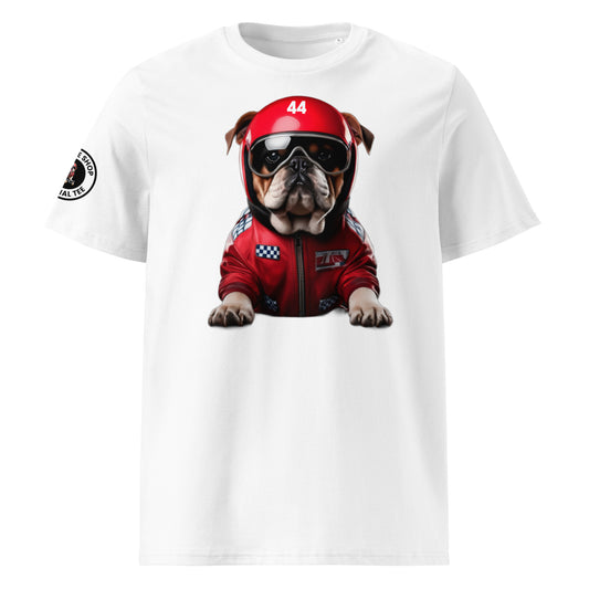 Front view of this cheeky Roscoe Hamilton t-shirt featuring Roscoe in Ferrari red with the number 44 on his helmet. Ideal for men and women and fans of Formula 1.