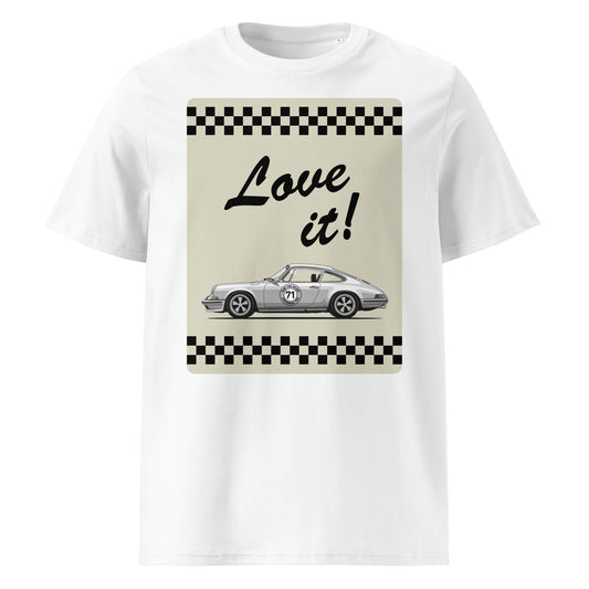White unisex organic cotton t-shirt with a classic Porsche 911 car illustration, cream retro panel, chequered flag stripes, and “Love it!” text. TheTeeShop exclusive.
