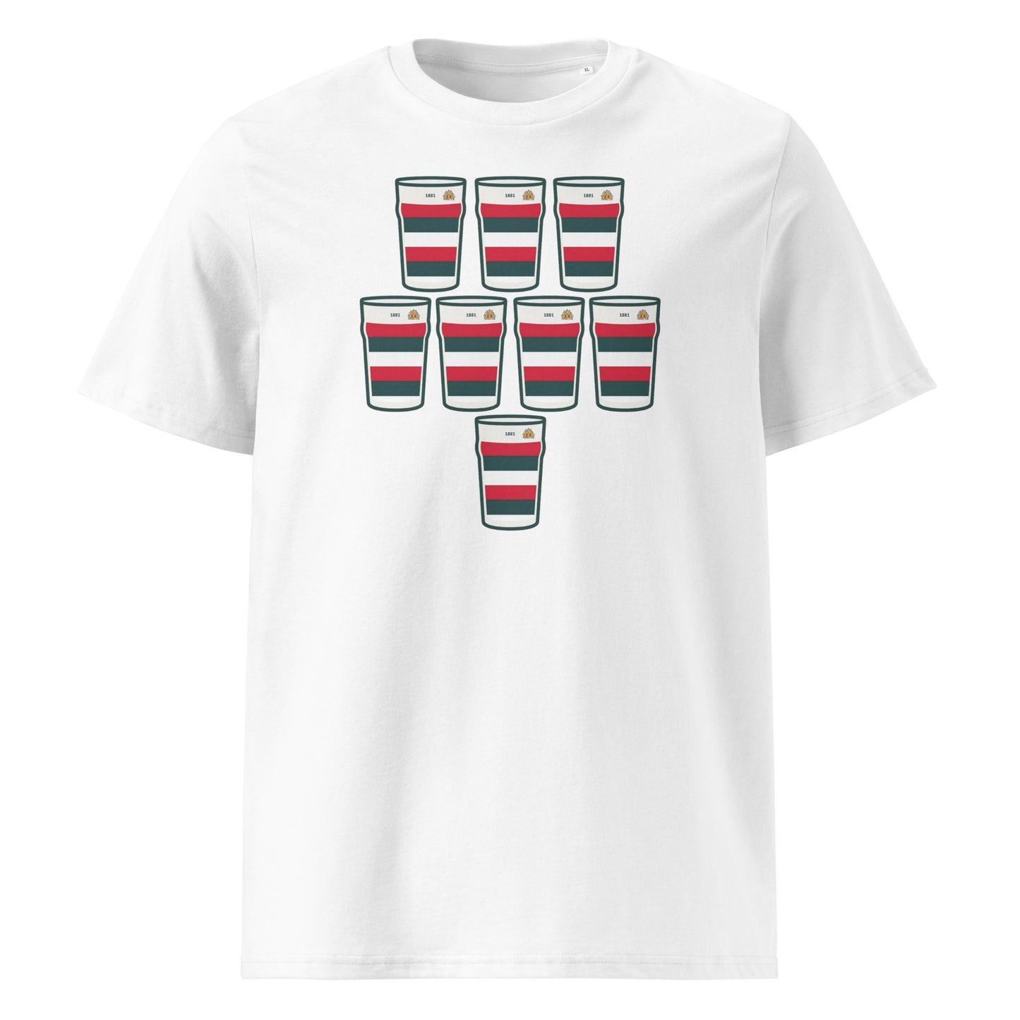 Front view of white Bective Rugby t-shirt with 8 pint glasses in club colours in a scrum formation