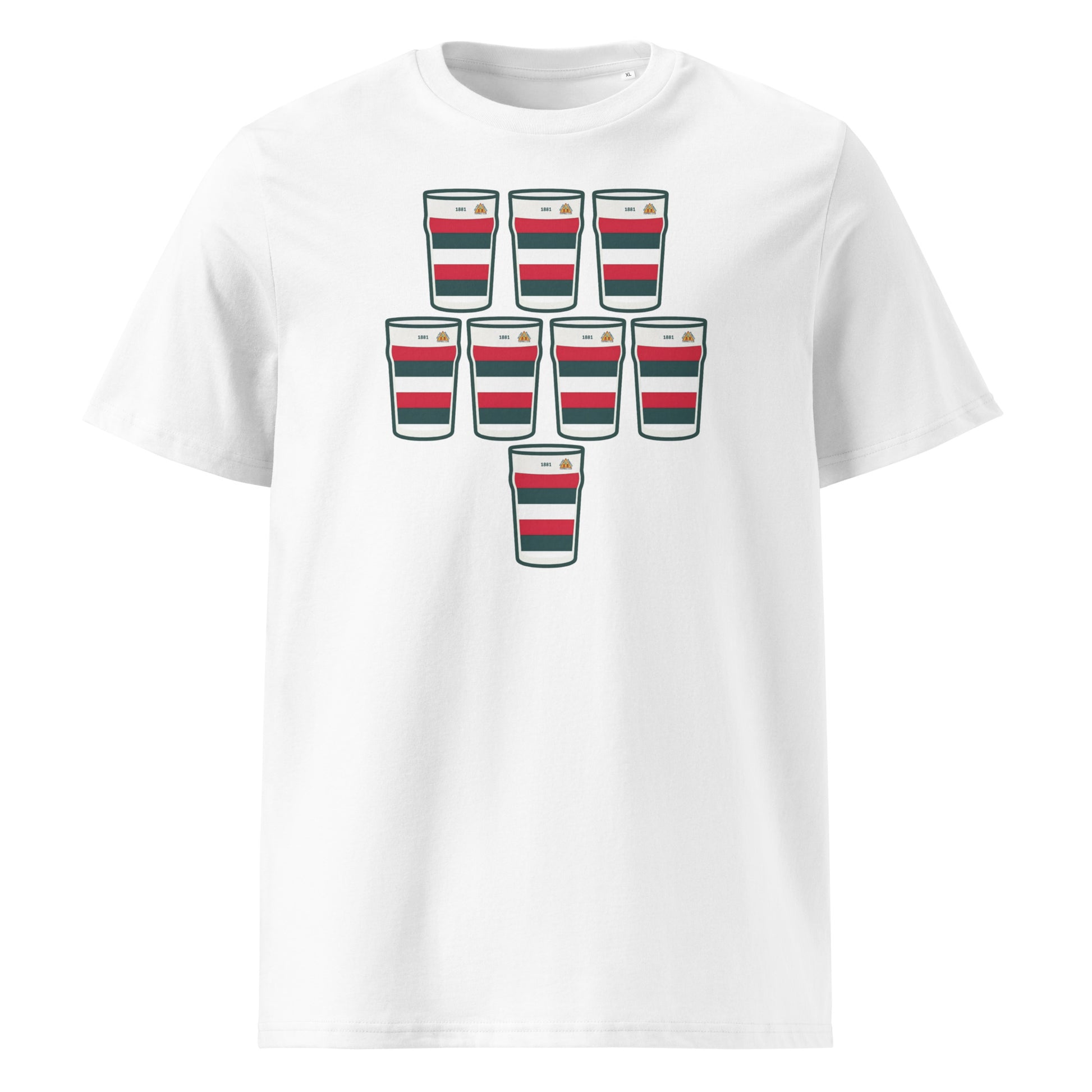 Front view of white Bective Rugby t-shirt with 8 pint glasses in club colours in a scrum formation