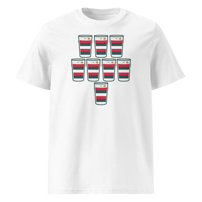 Front view of white Bective Rugby t-shirt with 8 pint glasses in club colours in a scrum formation