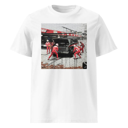 The front view of the the Plan B-Team Pitstop Graffiti white T-Shirt featuring a pit stop graffiti graphic.