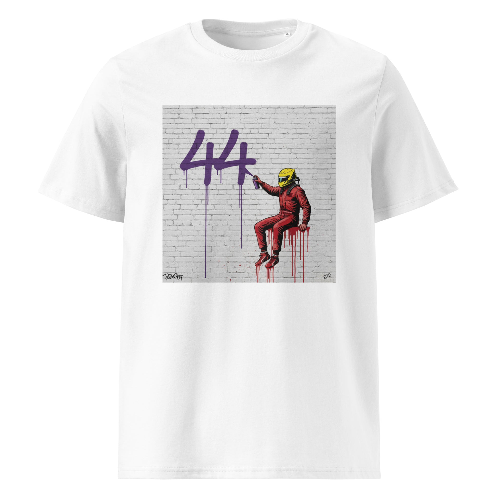 Front view of a Lewis Hamilton t-shirt featuring a driver spray painting a purple number forty four.