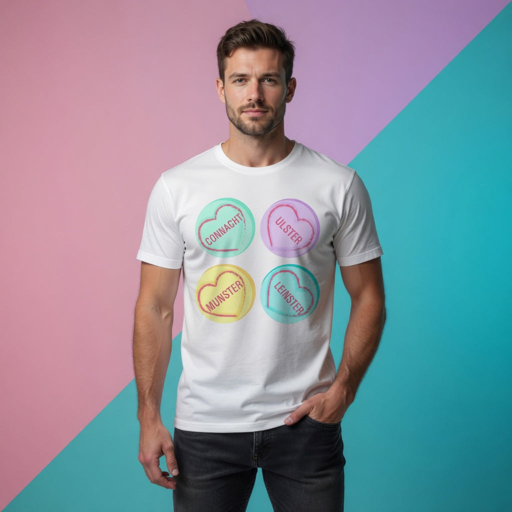 Male model showing the men’s fit of the white Rugby Love Hearts t‑shirt with colourful province heart design on the chest