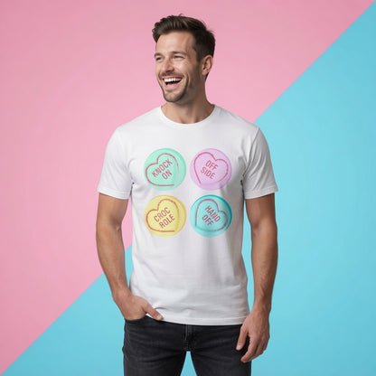 Male model styled casually in a white rugby love hearts t‑shirt featuring Knock On, Off Side, Croc Roll and Hand Off heart print