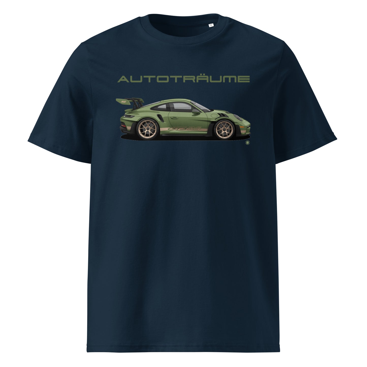 Navy unisex organic cotton t-shirt with olive green Porsche GT3 RS illustration and “AUTOTRÄUME” text. TheTeeShop Porsche Collection exclusive.