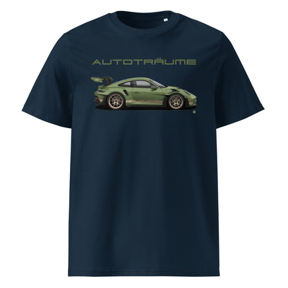 Navy unisex organic cotton t-shirt with olive green Porsche GT3 RS illustration and “AUTOTRÄUME” text. TheTeeShop Porsche Collection exclusive.