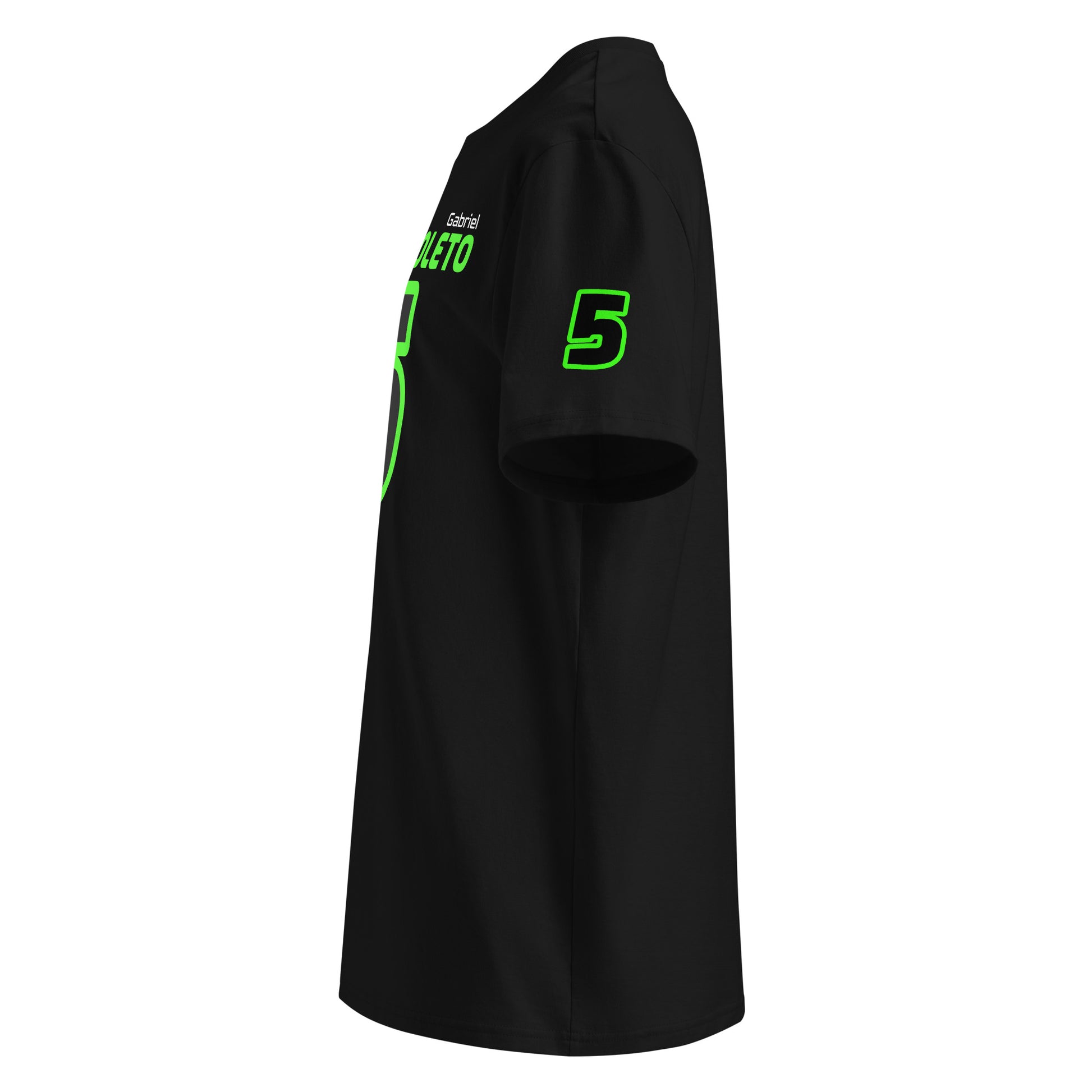 See the left sleeve of the black Gabriel Bortoleto T-Shirt, featuring additional logos or designs. Ideal for car meets and shows.