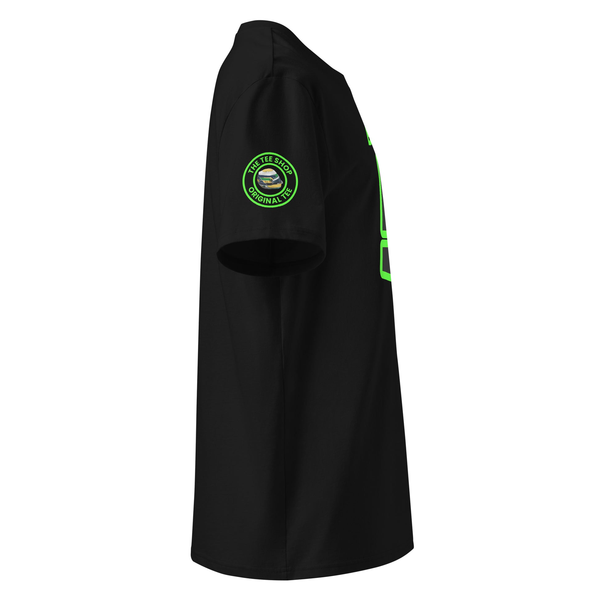 Check out the right sleeve of the black Gabriel Bortoleto T-Shirt, showcasing TheTeeShop logo with a unique image correlating to Gabriel Bortoleto.