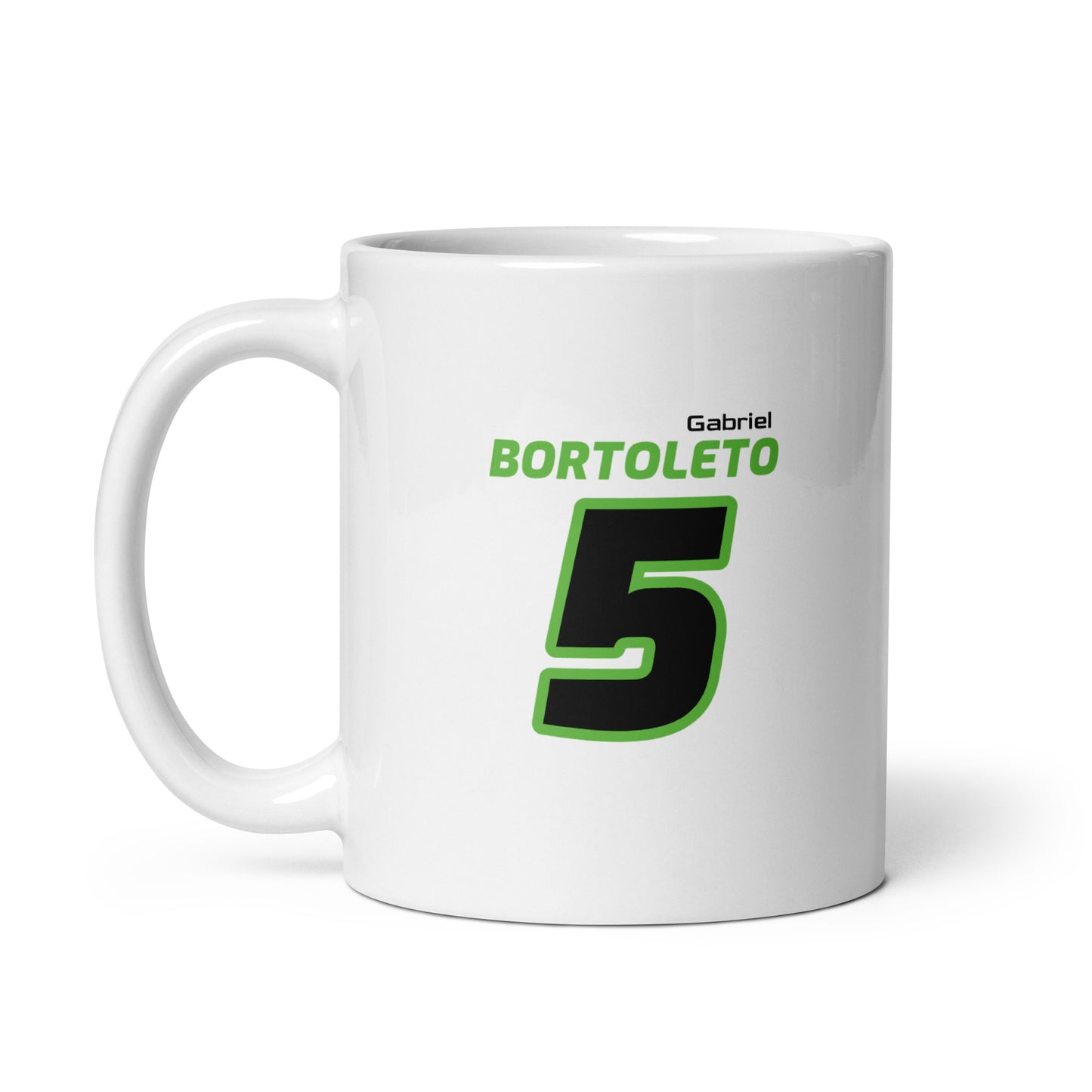 The Gabriel Bortoleto Racing Mug featuring Gabriel's name and number "5" in vibrant Stake F1 Team KICK colours. Ideal for enjoying a brew while watching the Grand Prix.