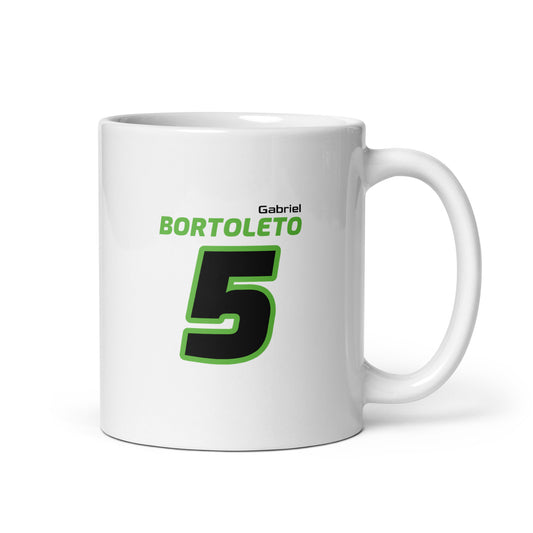 The Gabriel Bortoleto Racing Mug showcasing Gabriel's name and number "5" in bold Stake F1 Team KICK colours of green and black. Perfect for motorsport fans and collectors.