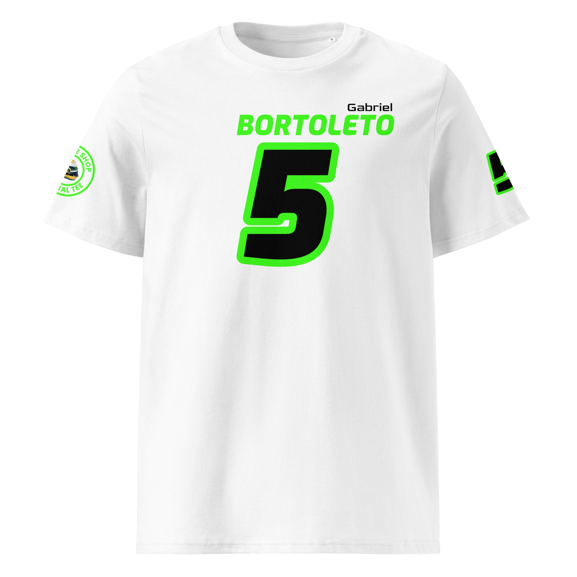 View the front of the white Gabriel Bortoleto T-Shirt, featuring "BORTOLETO" and the number "5" in bright green. Perfect for F1 fans and petrol heads.