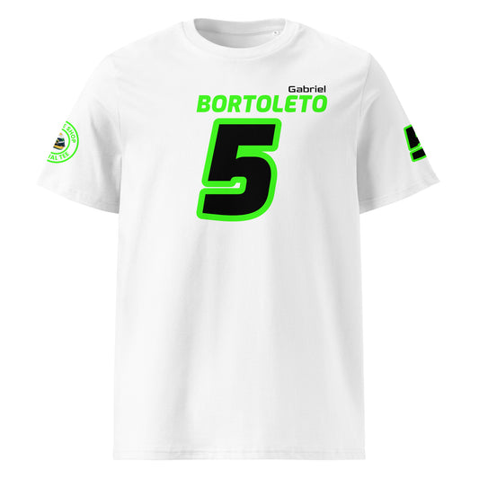 View the front of the white Gabriel Bortoleto T-Shirt, featuring "BORTOLETO" and the number "5" in bright green. Perfect for F1 fans and petrol heads.