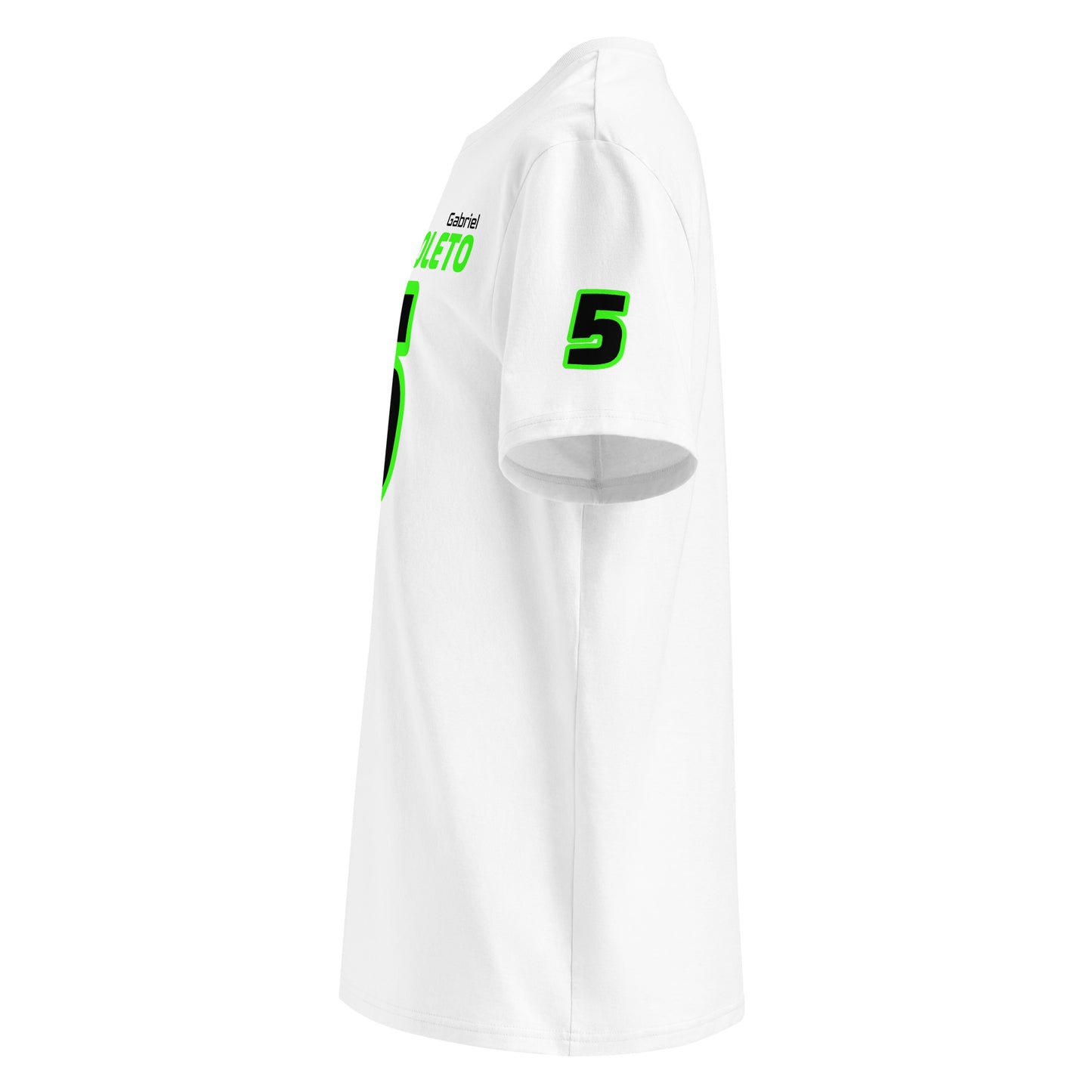 See the left sleeve of the white Gabriel Bortoleto T-Shirt, featuring additional logos or designs. Ideal for car meets and shows.