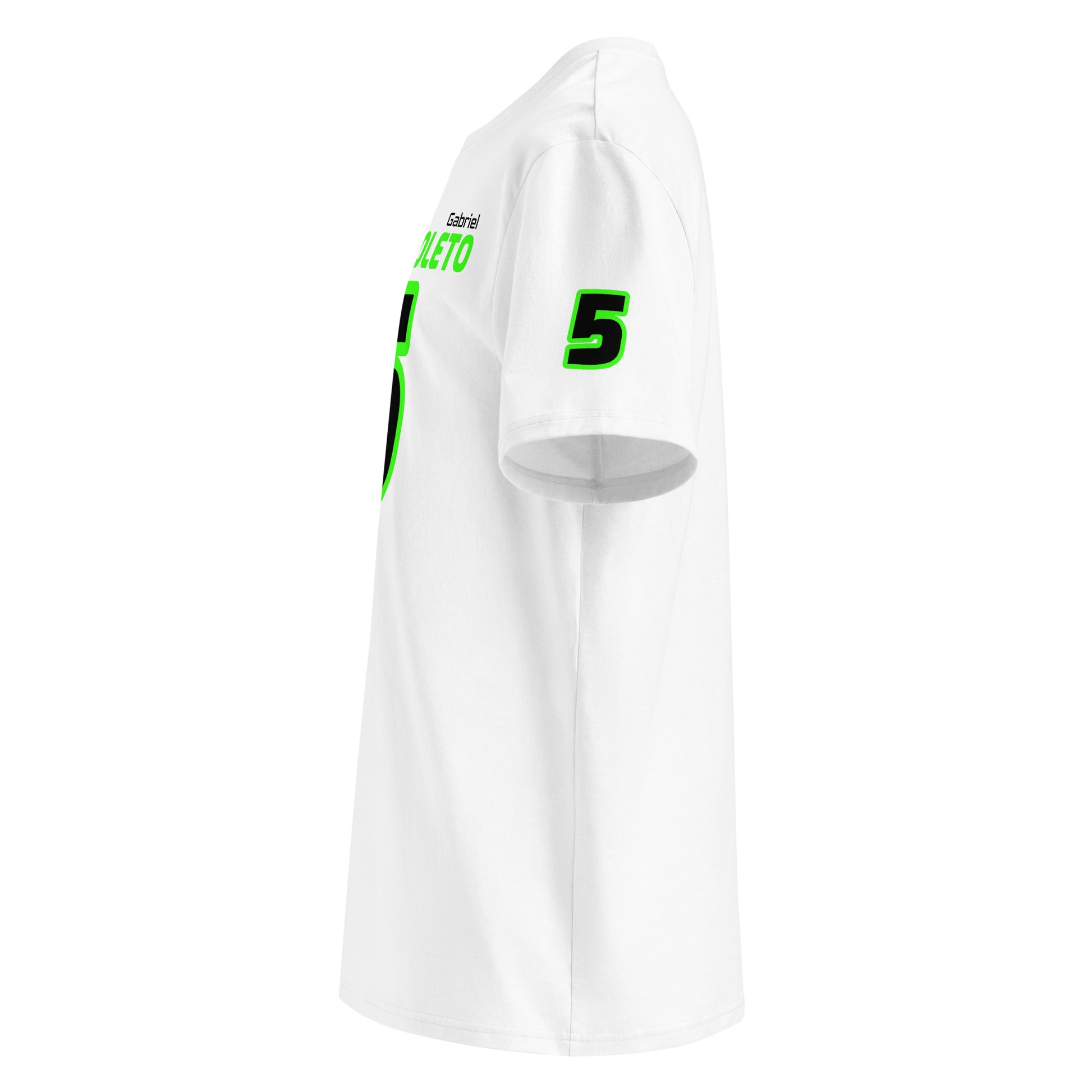 See the left sleeve of the white Gabriel Bortoleto T-Shirt, featuring additional logos or designs. Ideal for car meets and shows.