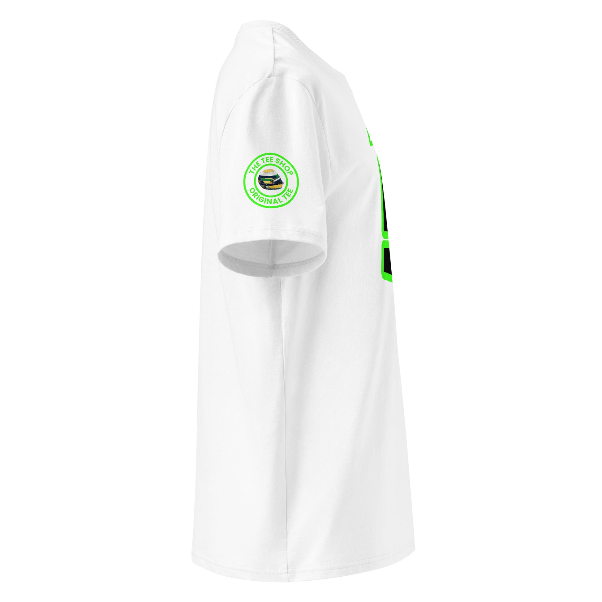 Check out the right sleeve of the white Gabriel Bortoleto T-Shirt, showcasing TheTeeShop logo with a unique image correlating to Gabriel Bortoleto.