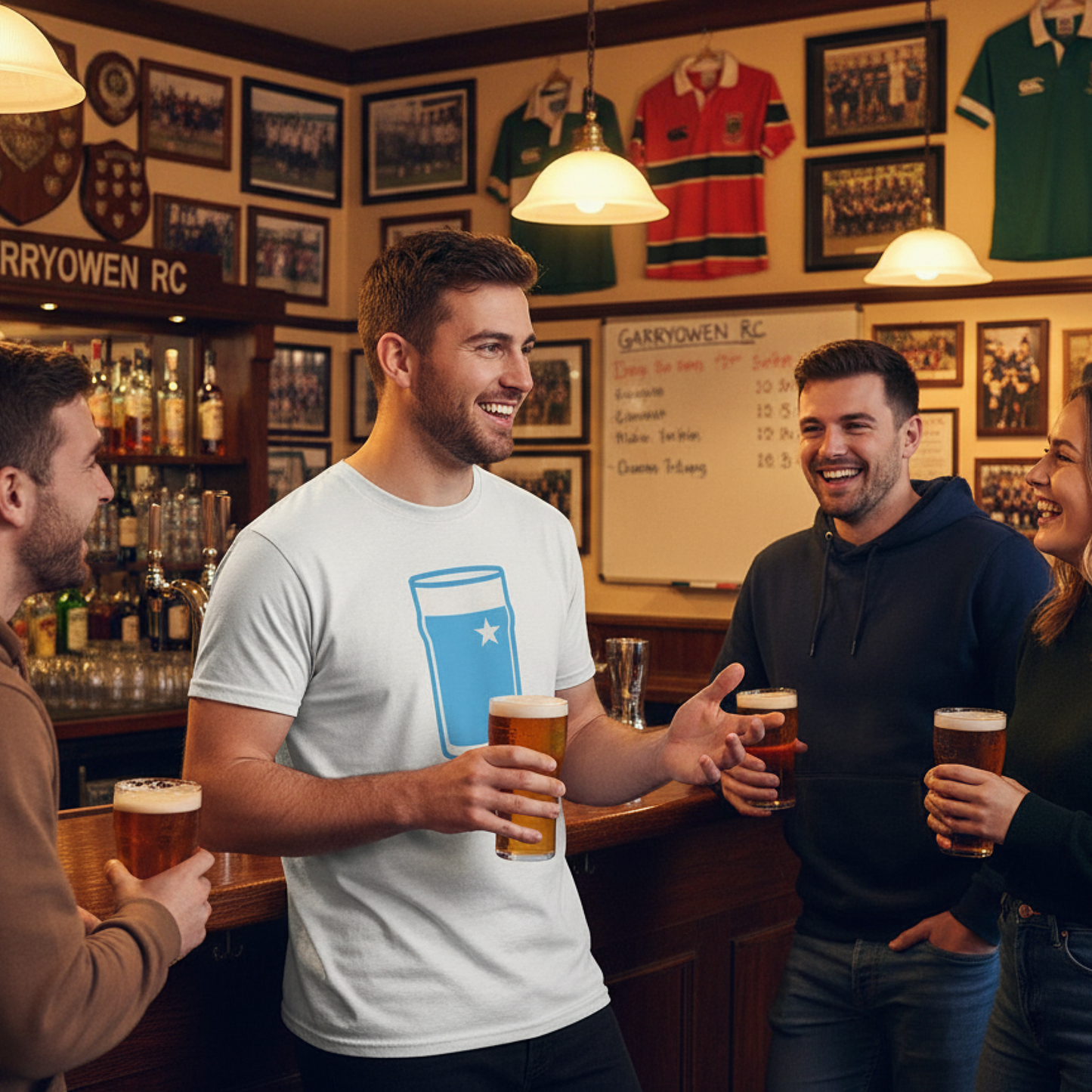 Man wearing white Garryowen Mega Pint Rugby T-Shirt holding a pint and chatting with friends in a rugby clubhouse bar.