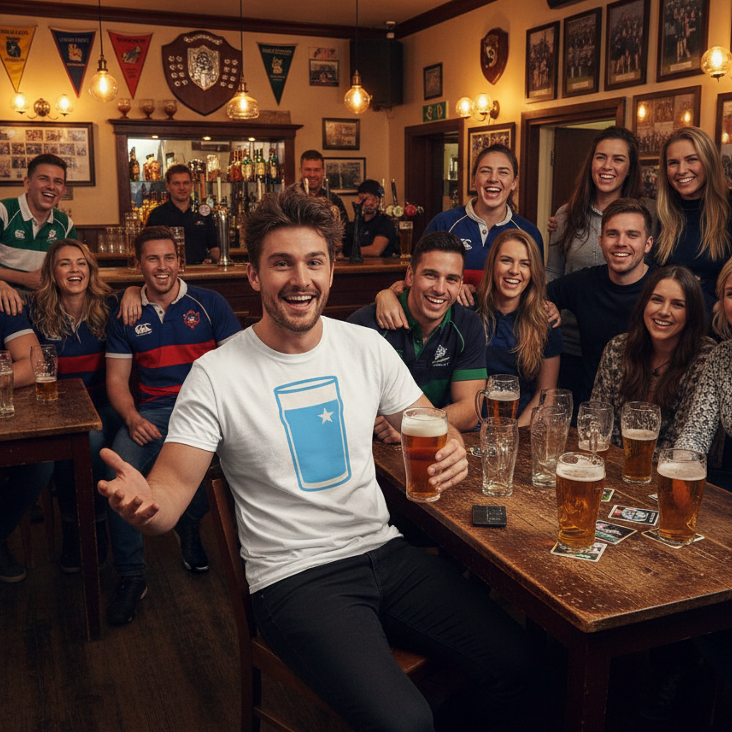 Man wearing white Garryowen Mega Pint Rugby T-Shirt laughing with a large group of friends and supporters in a lively rugby clubhouse bar.
