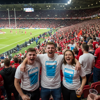 Group of friends wearing white Garryowen Mega Pint Rugby T-Shirts celebrating at a packed rugby stadium during a match.
