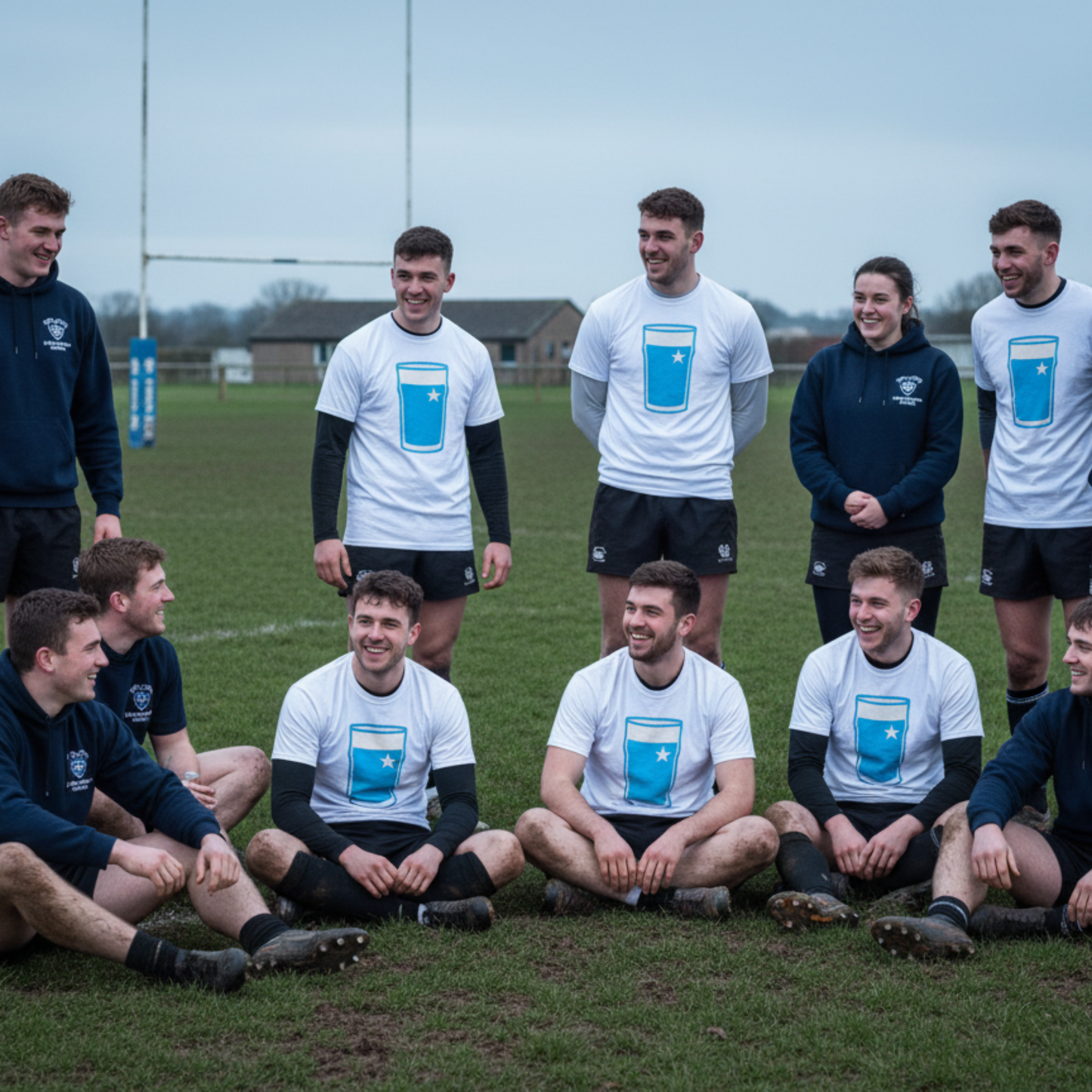 Rugby players and supporters wearing white Garryowen Mega Pint Rugby T-Shirts posing together on the pitch.