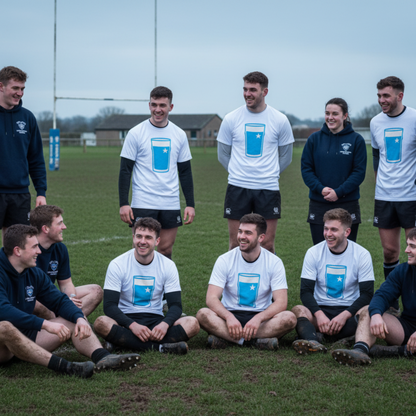 Rugby players and supporters wearing white Garryowen Mega Pint Rugby T-Shirts posing together on the pitch.