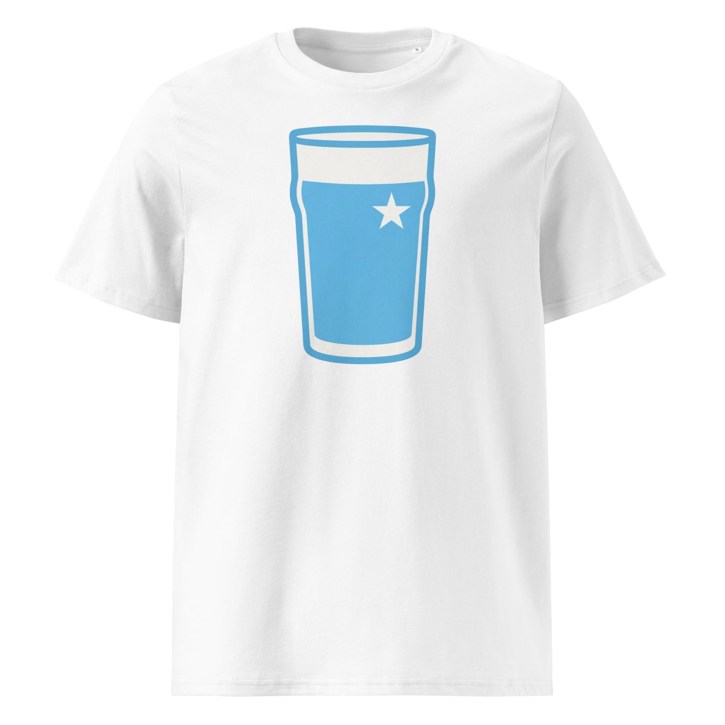 White Garryowen Mega Pint Rugby T-Shirt featuring a pint glass graphic in light blue and white club colours.