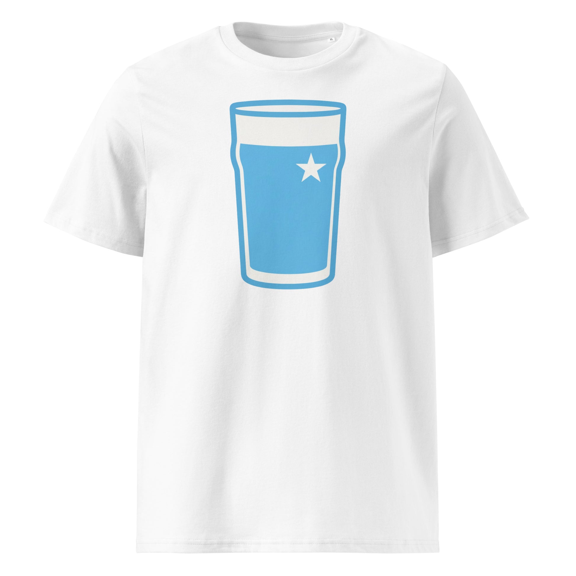 White Garryowen Mega Pint Rugby T-Shirt featuring a pint glass graphic in light blue and white club colours.