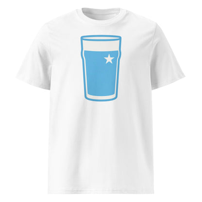 White Garryowen Mega Pint Rugby T-Shirt featuring a pint glass graphic in light blue and white club colours.