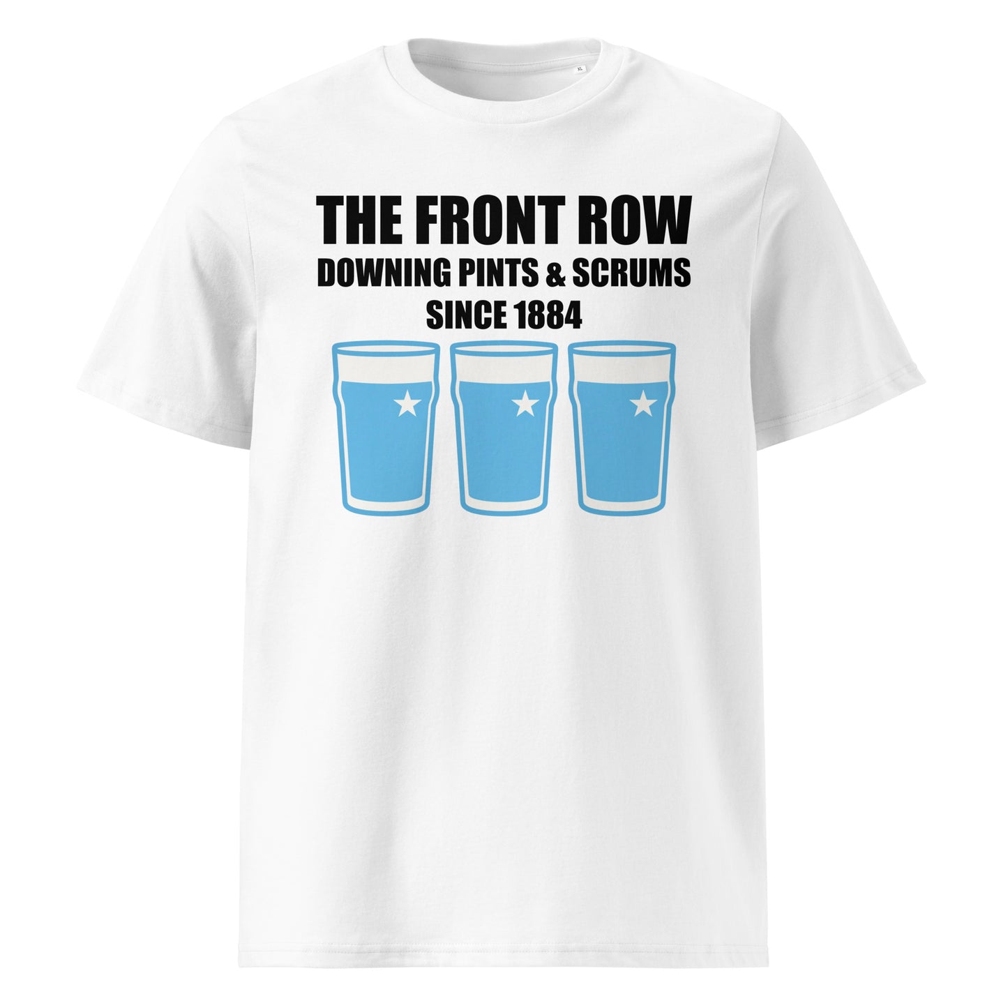 White Garryowen RFC rugby t-shirt with black slogan text reading The Front Row Downing Pints & Scrums Since 1884 and three pint glasses in light blue with white stars.
