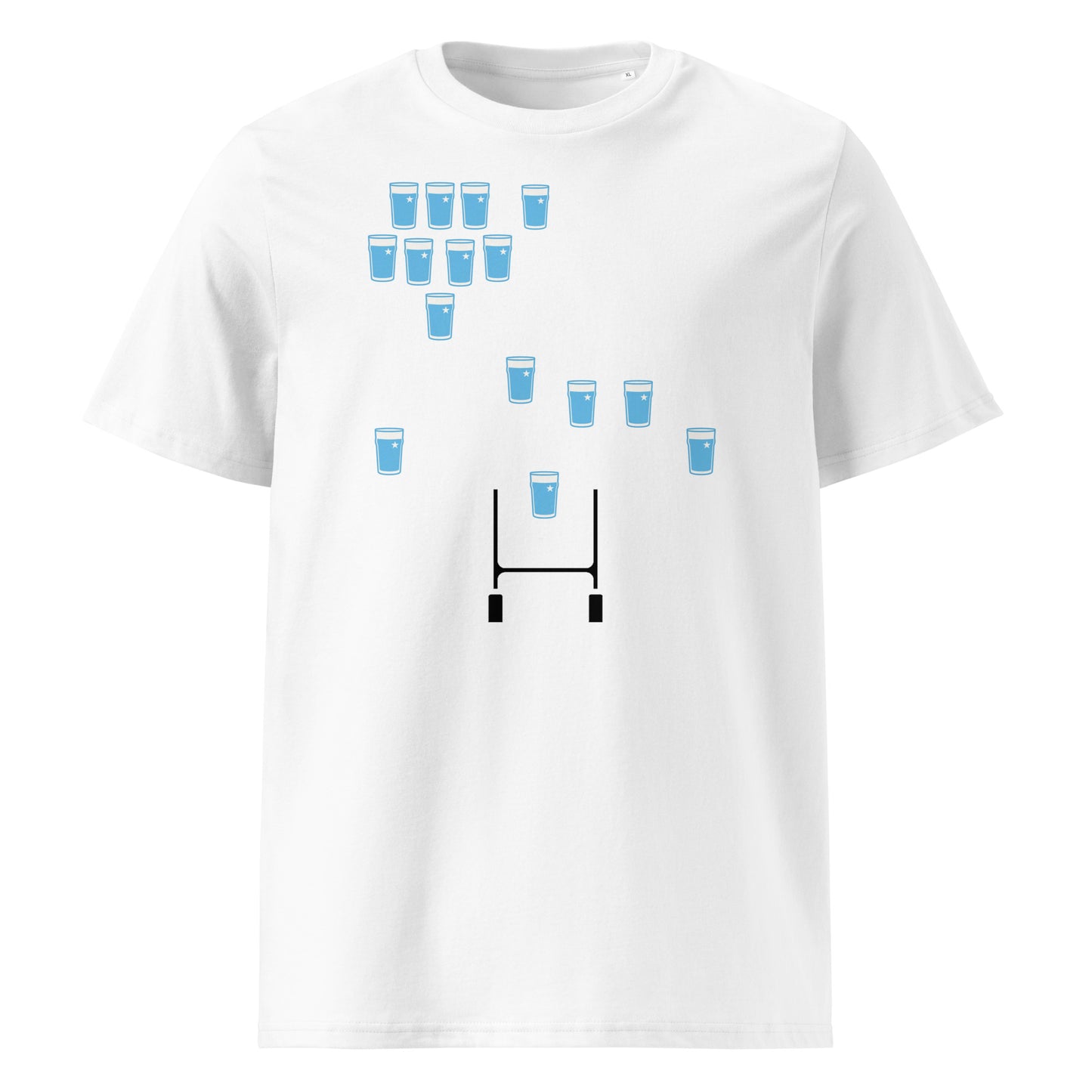 White Garryowen rugby t-shirt featuring light blue pint glasses arranged in a rugby team formation above rugby posts.