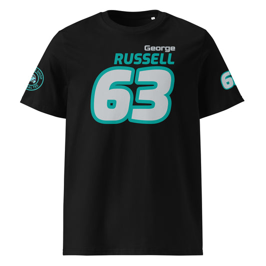 View the front of the black George Russell T-Shirt, featuring "George Russell" and the number "63". Perfect for F1 fans and petrol heads.