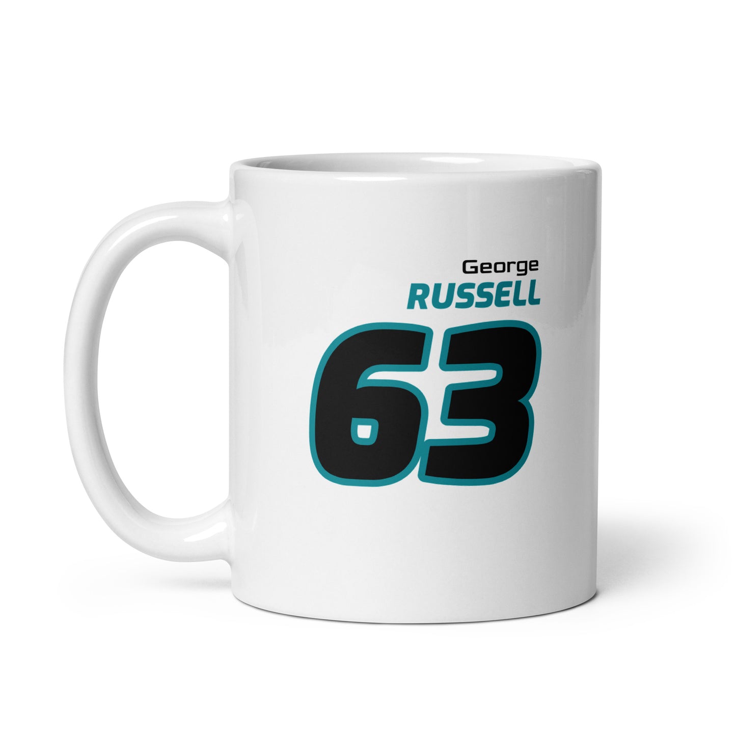 The George Russell Racing Mug featuring George's name and number "63" in vibrant Mercedes team colours. Ideal for enjoying a brew while watching the Grand Prix.