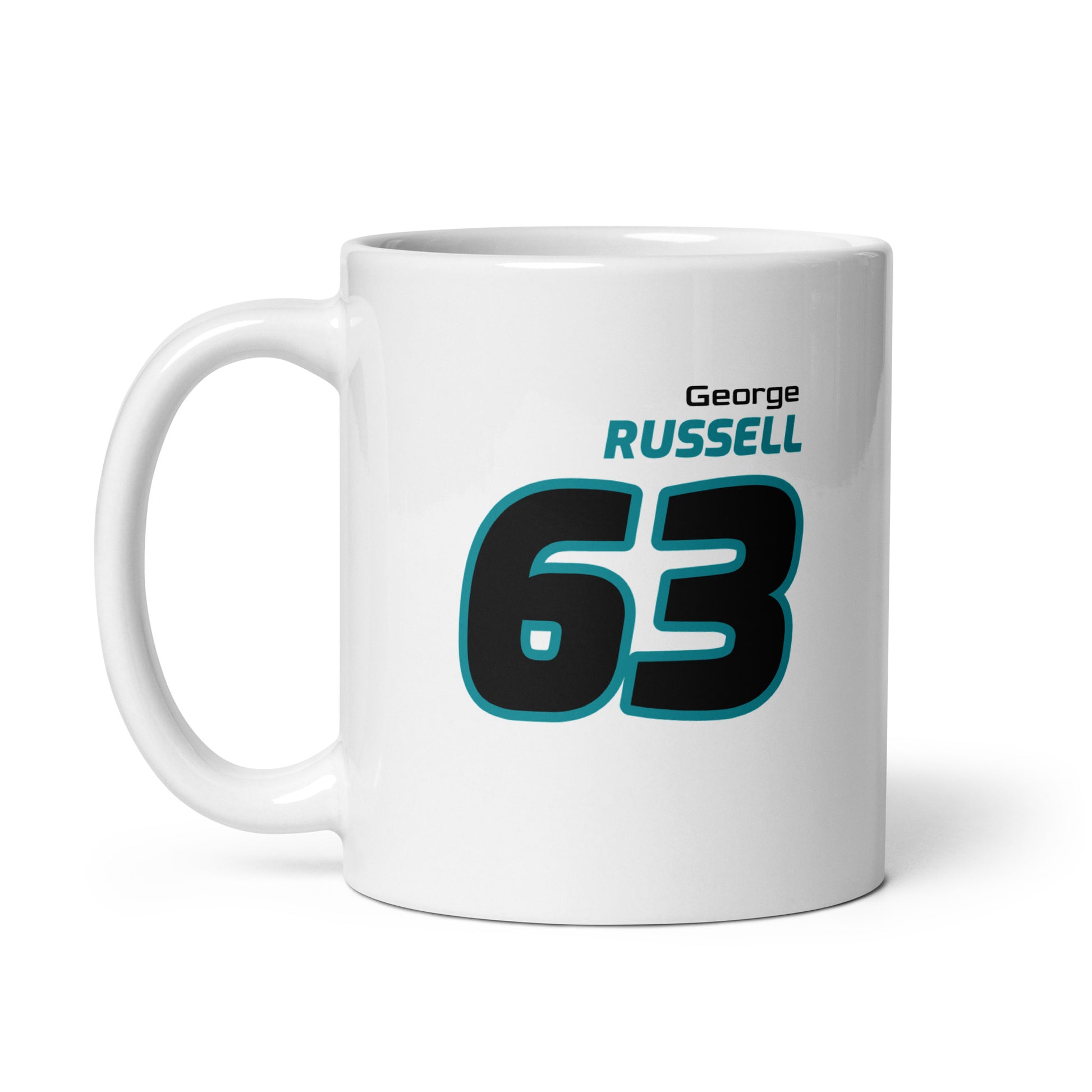 The George Russell Racing Mug featuring George's name and number "63" in vibrant Mercedes team colours. Ideal for enjoying a brew while watching the Grand Prix.
