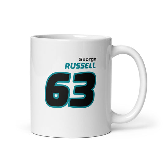 The George Russell Racing Mug showcasing George's name and number "63" in bold Mercedes team colours of black and teal. Perfect for motorsport fans and collectors.