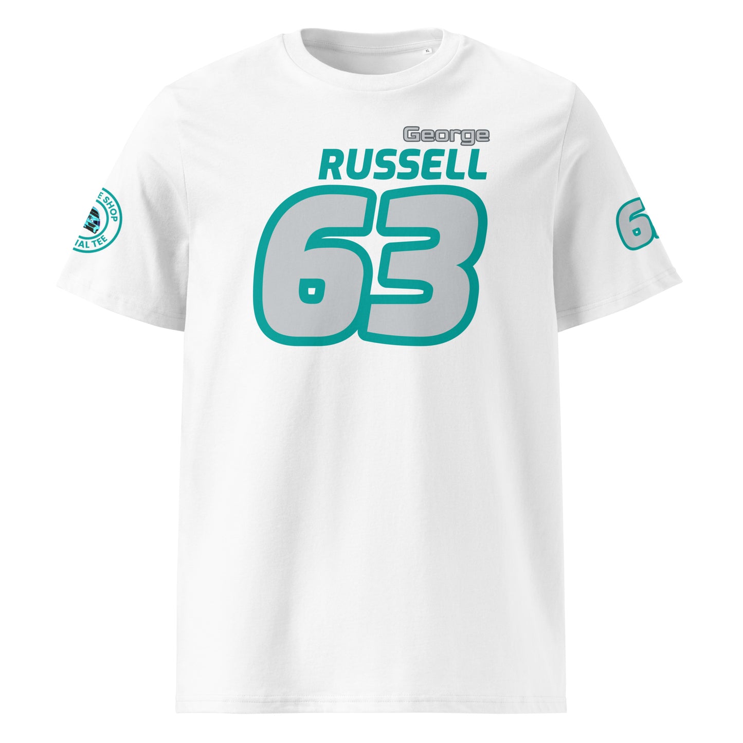 View the front of the white George Russell T-Shirt, featuring "George Russell" and the number "63". Perfect for F1 fans and petrol heads.