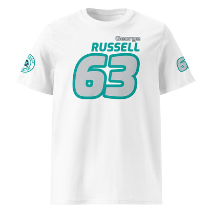 View the front of the white George Russell T-Shirt, featuring "George Russell" and the number "63". Perfect for F1 fans and petrol heads.