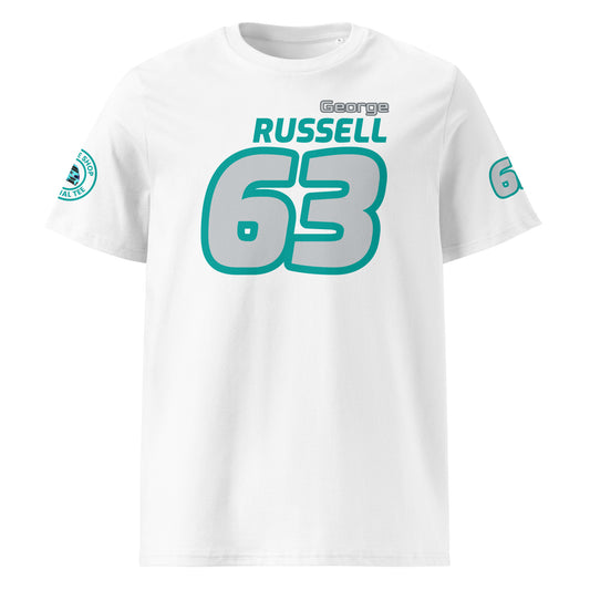 View the front of the white George Russell T-Shirt, featuring "George Russell" and the number "63". Perfect for F1 fans and petrol heads.