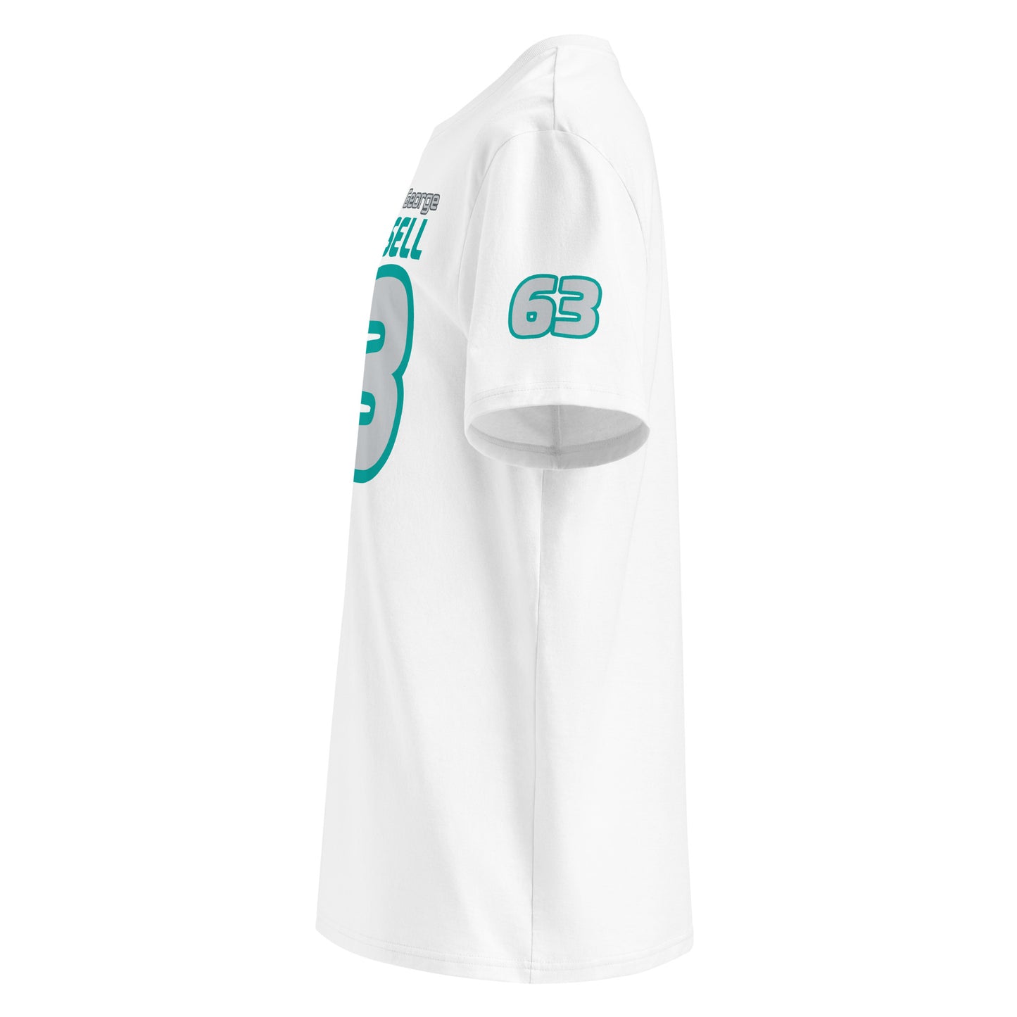 See the left sleeve of the white George Russell T-Shirt, featuring the number "63". Ideal for car meets and shows.
