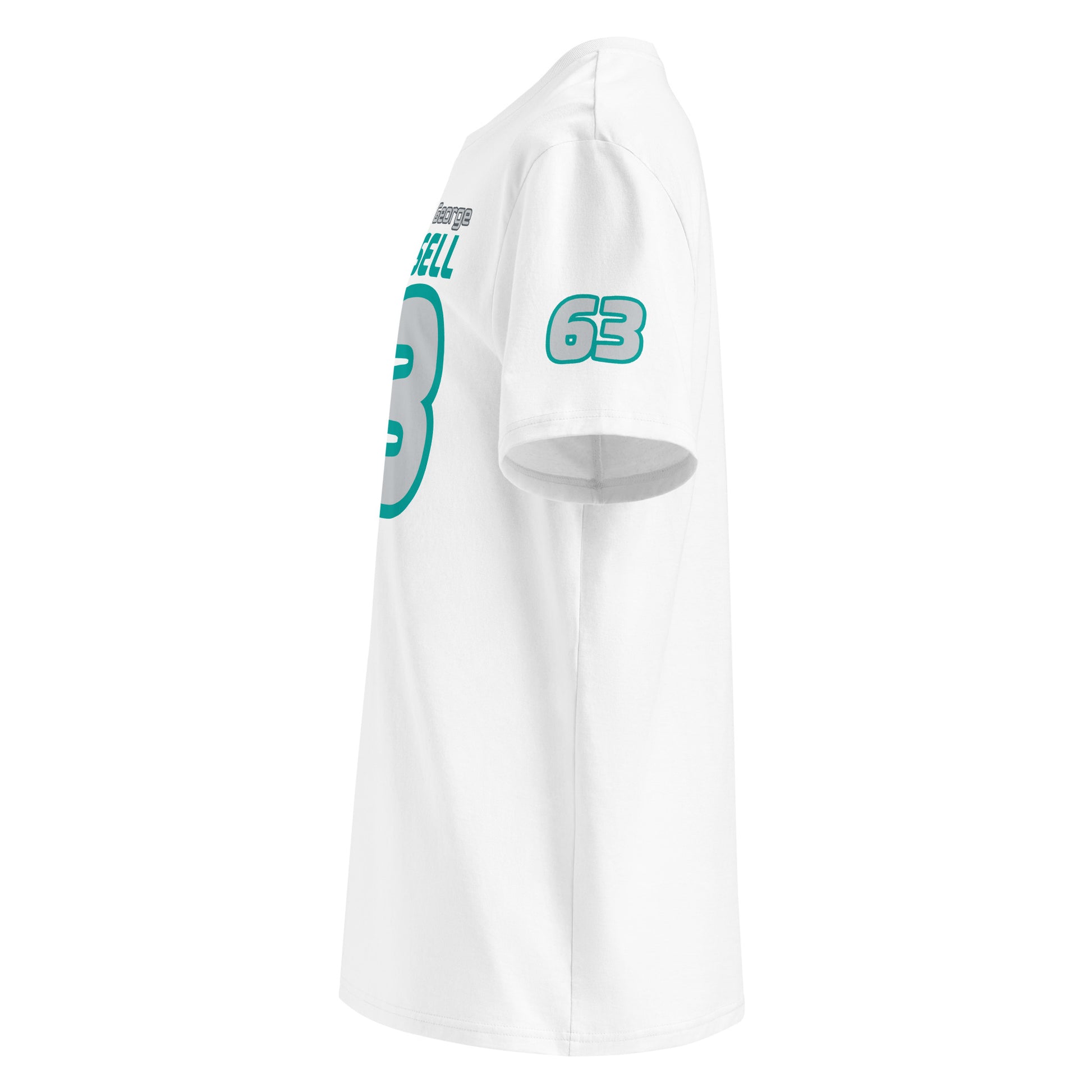 See the left sleeve of the white George Russell T-Shirt, featuring the number "63". Ideal for car meets and shows.