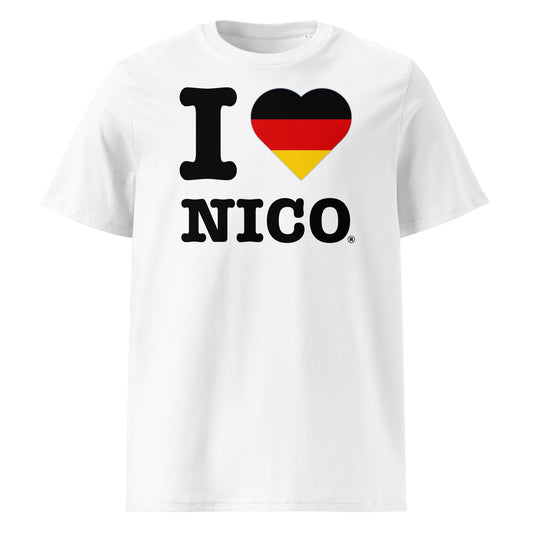 Black, red, and yellow heart with bold NICO print – a patriotic nod to Germany’s F1 veteran.