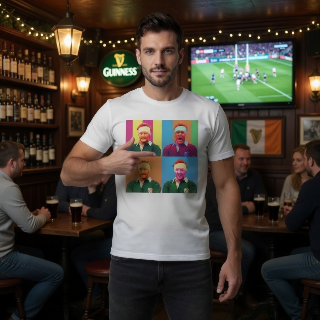 Male model in a white Ginger McLoughlin 4-panel pop art t-shirt celebrating an Irish rugby front row character.