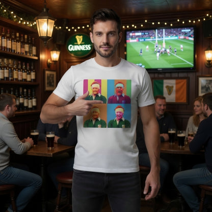 Male model in a white Ginger McLoughlin 4-panel pop art t-shirt celebrating an Irish rugby front row character.