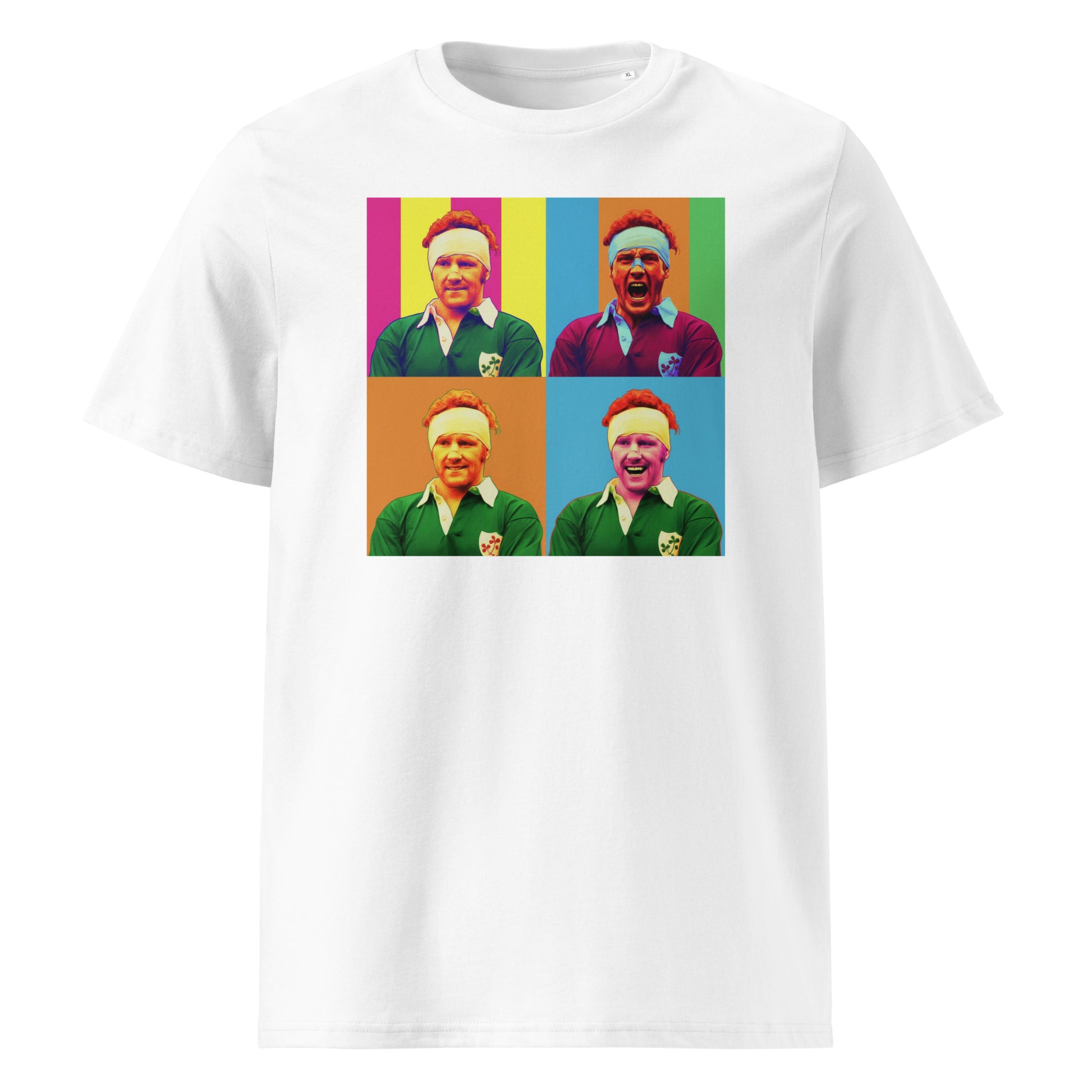 White rugby t-shirt featuring a four-panel pop art portrait design of Gerry Ginger McLoughlin in a green Ireland jersey