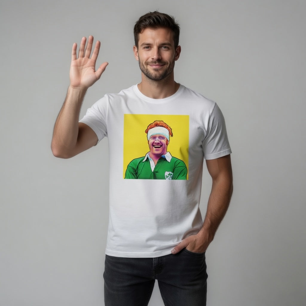 Male model in a white Ginger McLoughlin laughing pop art t-shirt celebrating an Irish rugby front row figure.