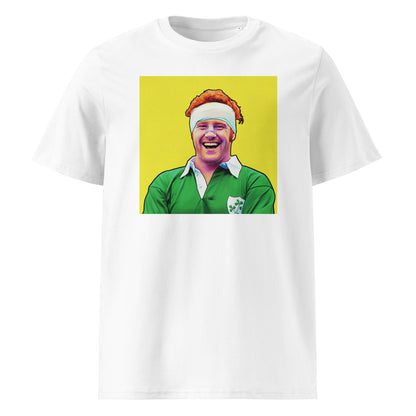 White rugby t-shirt featuring a bright pop art portrait of Gerry Ginger McLoughlin laughing in a green Ireland jersey on a yellow background