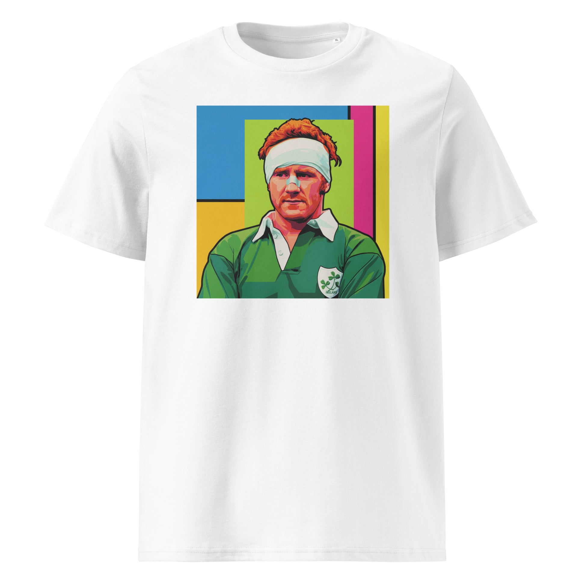 White rugby t-shirt featuring a bold pop art portrait of Gerry Ginger McLoughlin in a green Ireland jersey on a colourful geometric background
