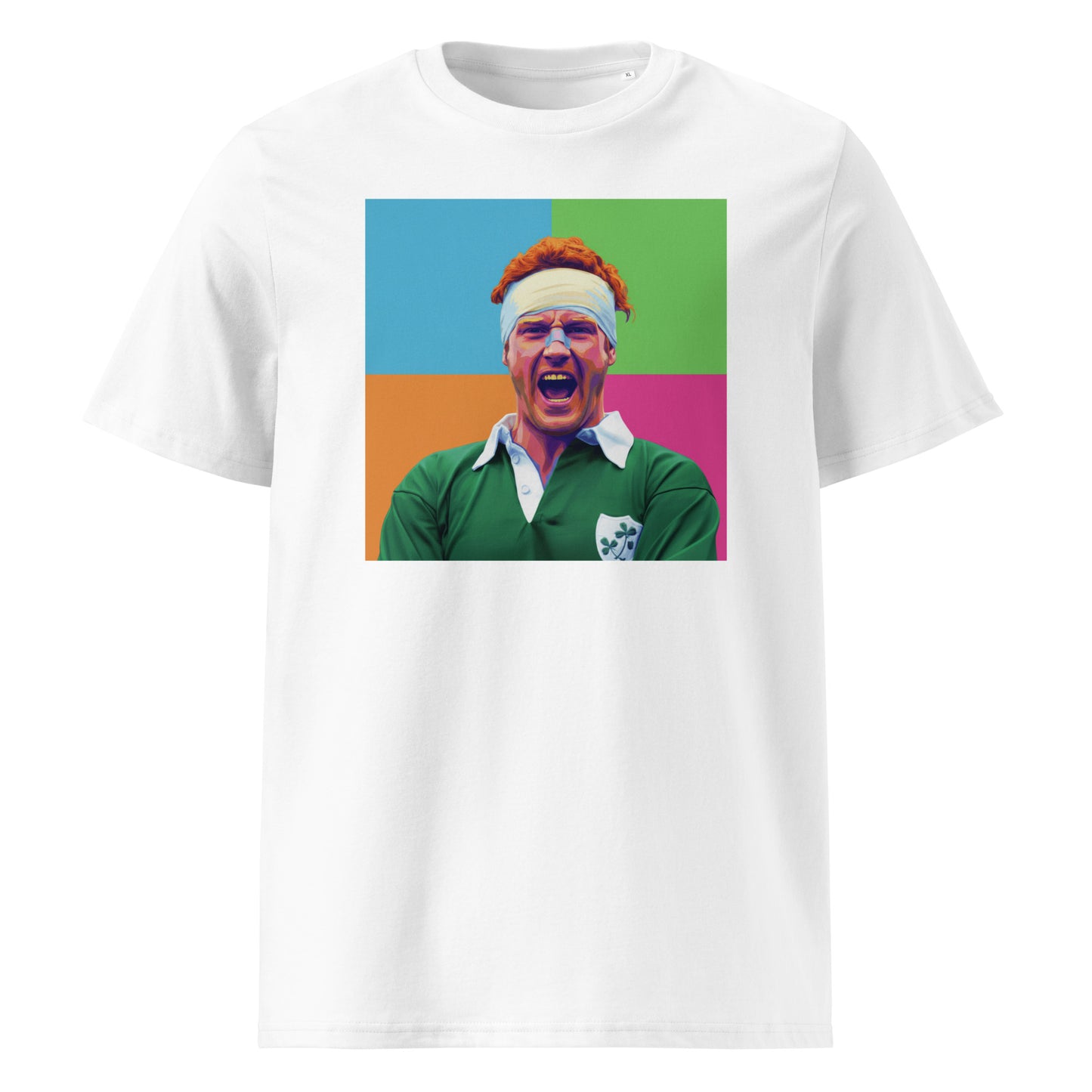 White rugby t-shirt featuring a bold pop art portrait of Gerry Ginger McLoughlin shouting in a green Ireland jersey on a colourful background