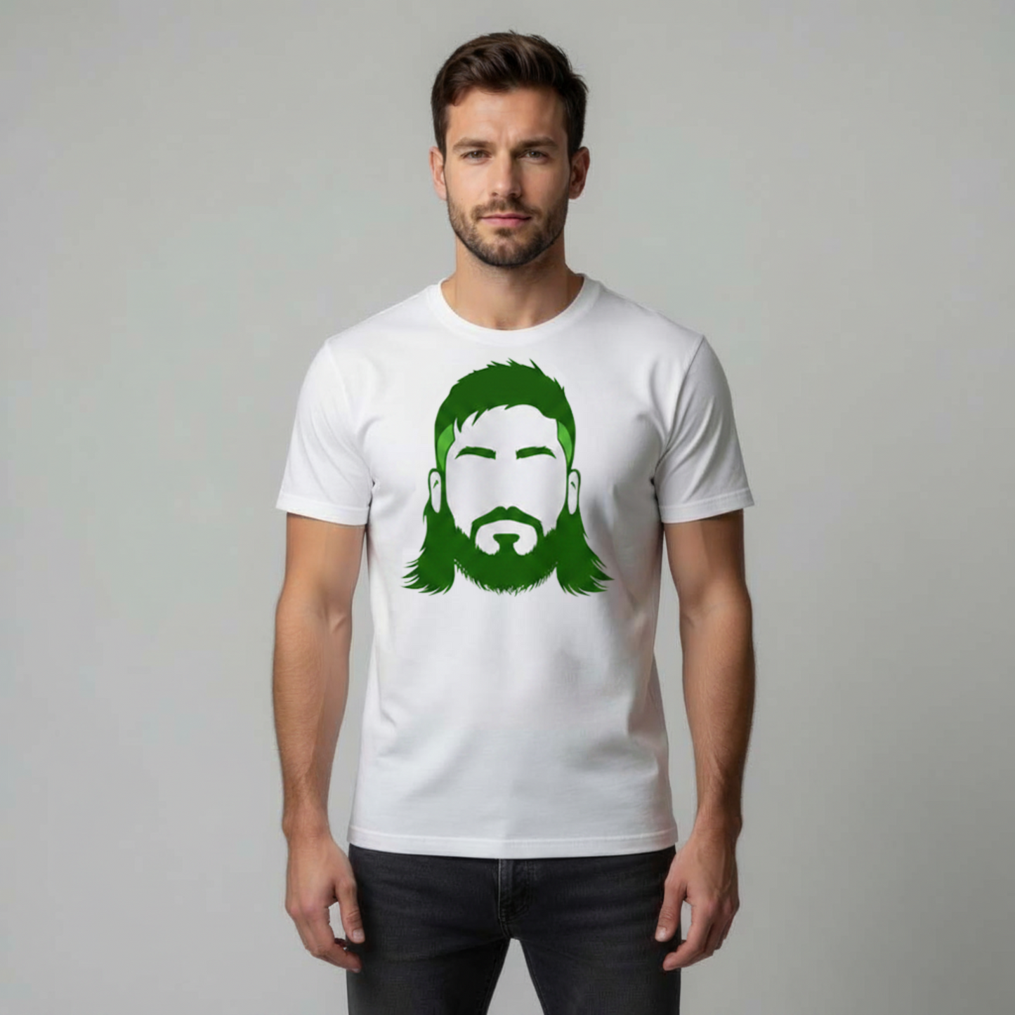 Male model front-facing wearing white t-shirt with green bearded face graphic on light grey studio background