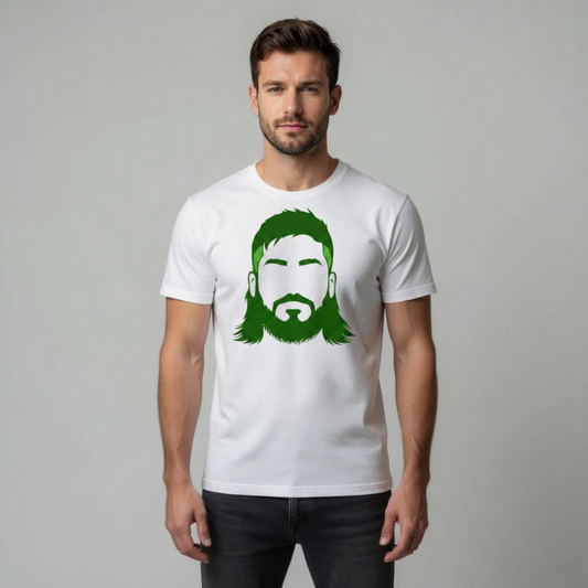 Male model front-facing wearing white t-shirt with green bearded face graphic on light grey studio background