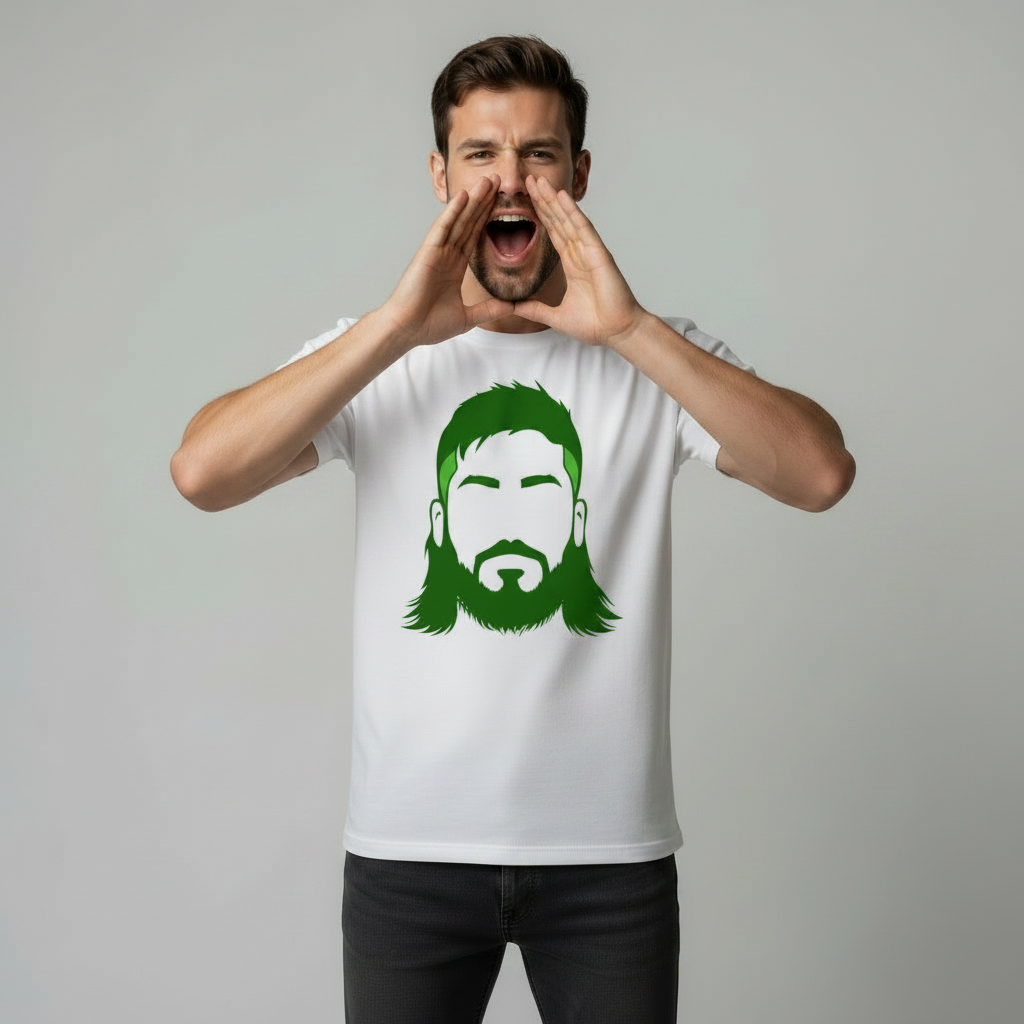 Male model shouting with hands cupped around mouth wearing white rugby t-shirt with gJoe McCarthy graphic on light grey studio background
